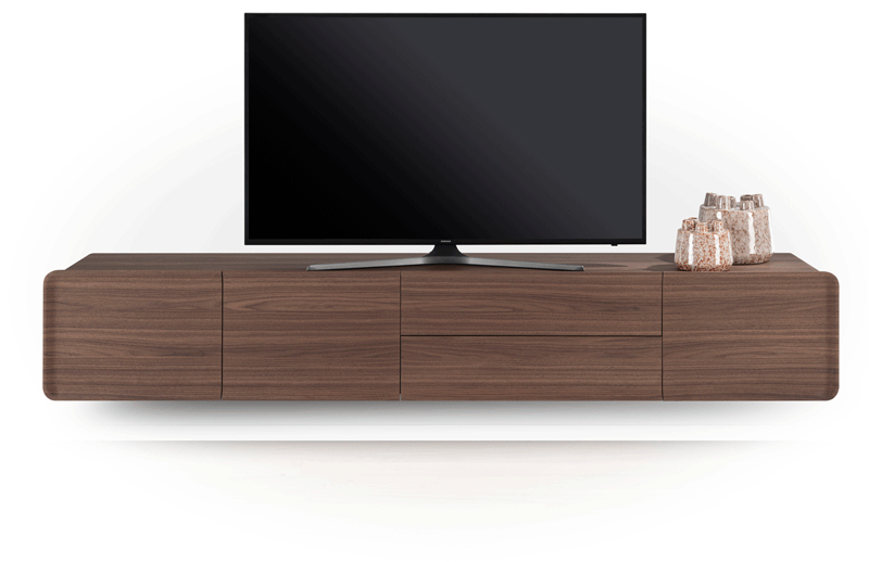 Hangend BRIANZA lowboard in gelakt notenfineer voor modern, ruimtelijk interieur