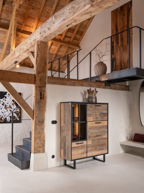 Henders and Hazel - Avalon - Industrieel - highboard 120 cm - 2-deuren + 1-glasdeur + 1-klep (+ LED) - Driftwood