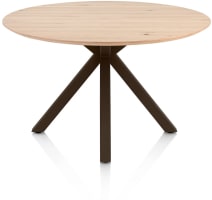 Esstisch rund 120 cm. - platte aus eiche - mittiger schneidersitz stahlbraun