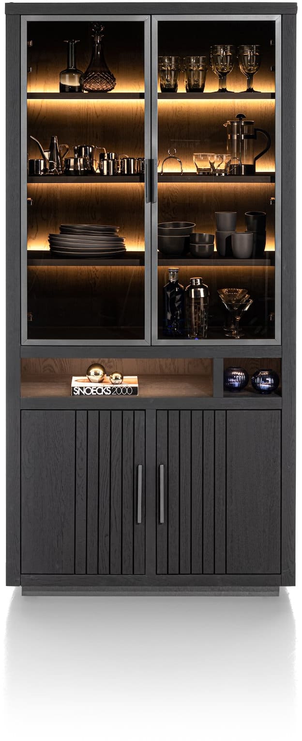 Vitrine 2 Portes Hendra En Acier Noir Et Verre - H175 Cm, L80 X P35 Cm - Idéale Pour Exposition Objets, Collections, Décoration Intérieure