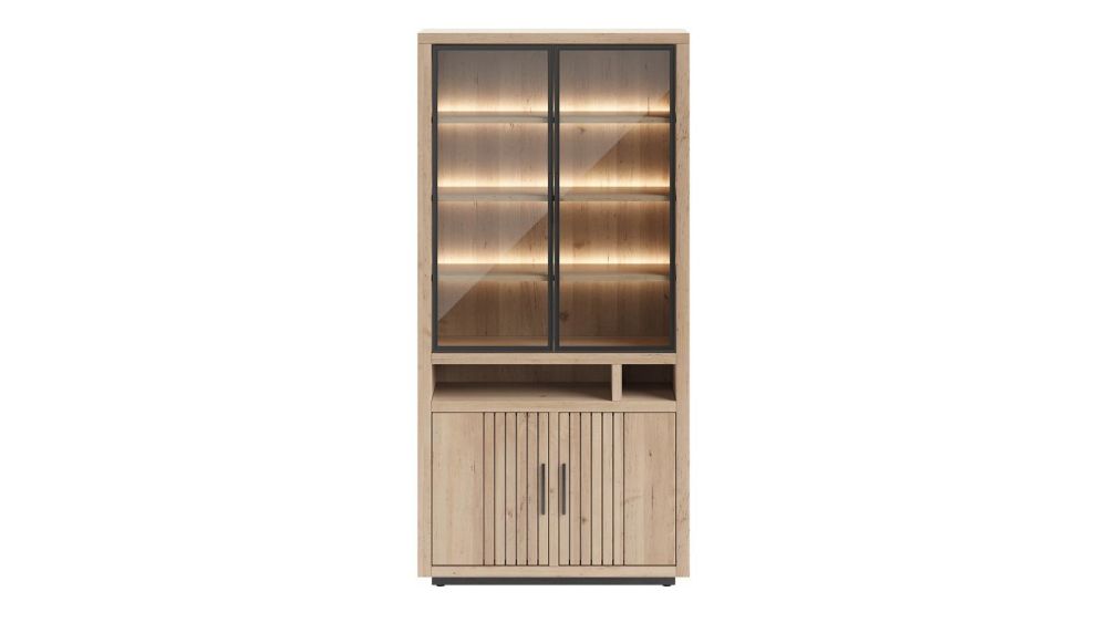 Pavie, Vitrine 100 Cm - 2-Glasdeuren + 2-Deuren + 2-Niches (+ LED) - Natural