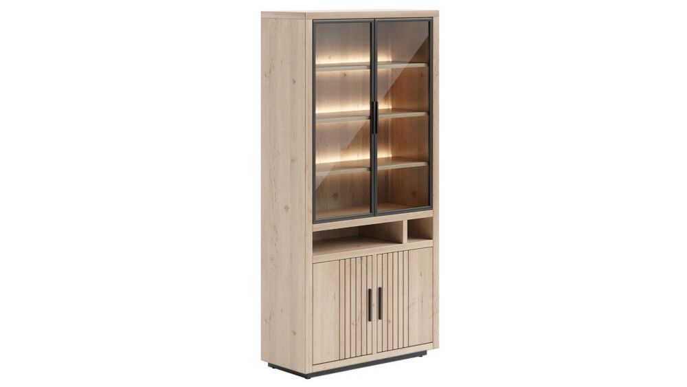 Pavie, Vitrine 100 Cm - 2-Glasdeuren + 2-Deuren + 2-Niches (+ LED) - Natural