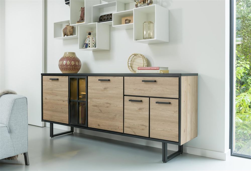 Avalon, Dressoir 200 Cm - 4-Deuren + 1-Lade + 1-Glasdeur (+ LED) - Natural