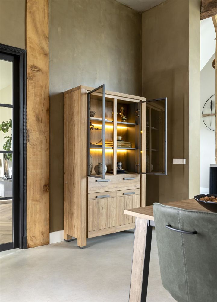 Delmonte, Vitrine 110 Cm - 2-Glasdeuren + 2-Deuren + 1-Lade (+ LED)