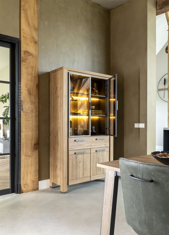 Delmonte, Vitrine 110 Cm - 2-Glasdeuren + 2-Deuren + 1-Lade (+ LED)