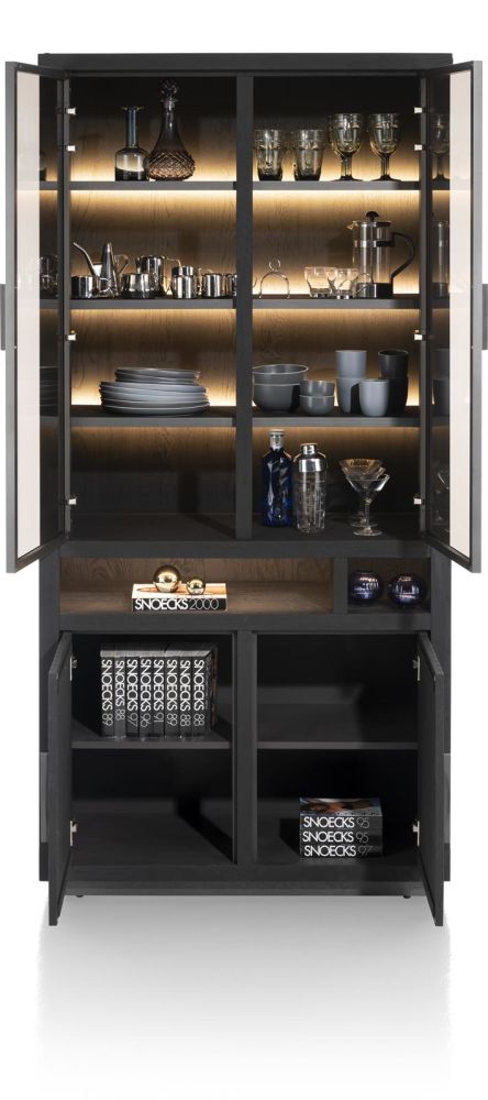 Pavie, Vitrine 100 Cm - 2-Glasdeuren + 2-Deuren + 2-Niches (+ LED) - Castle Black