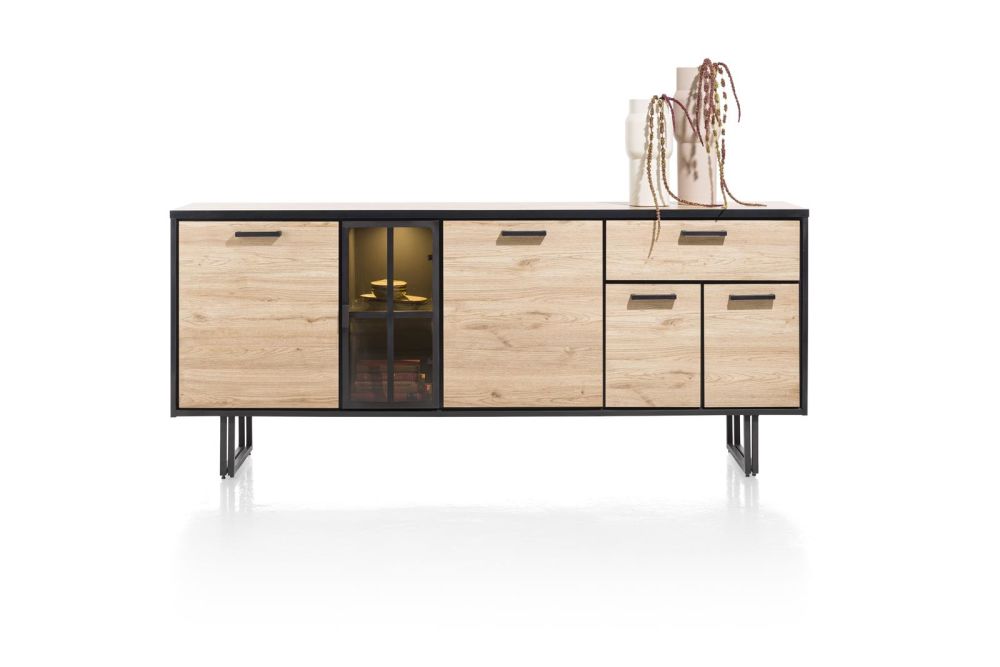 Avalon, Dressoir 200 Cm - 4-Deuren + 1-Lade + 1-Glasdeur (+ LED) - Natural