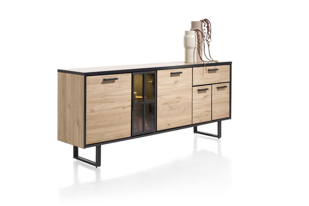 Avalon, Dressoir 200 Cm - 4-Deuren + 1-Lade + 1-Glasdeur (+ LED) - Natural