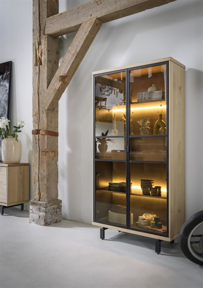 Ridgefield, Vitrine 100 Cm - 2-Glasdeuren + 2-Laden (+ LED) - Natural