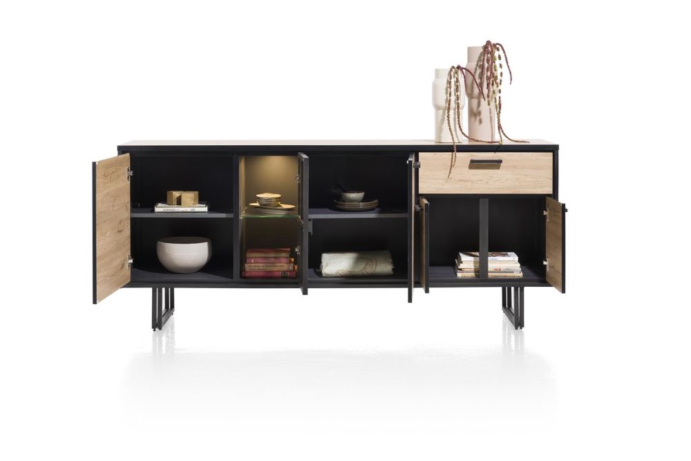 Avalon, Dressoir 200 Cm - 4-Deuren + 1-Lade + 1-Glasdeur (+ LED) - Natural