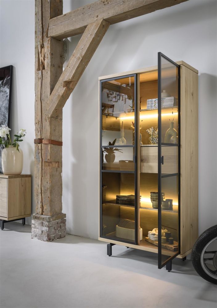 Ridgefield, Vitrine 100 Cm - 2-Glasdeuren + 2-Laden (+ LED) - Natural