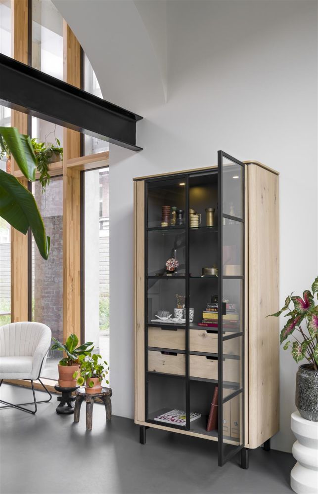 Livada, Vitrine 100 Cm - 2-Glasdeuren + 2-Laden - Natural