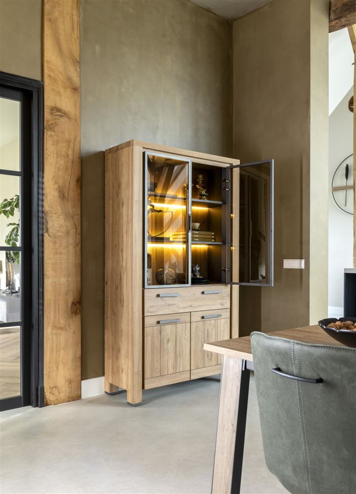 Delmonte, Vitrine 110 Cm - 2-Glasdeuren + 2-Deuren + 1-Lade (+ LED)