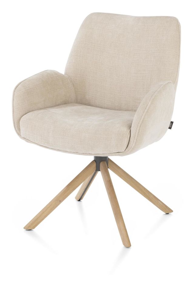Riley, Armstoel 4-Poots Naturel Eiken Met Relaxsysteem - Draaibaar + Pocket - Stof Cadiz - Creme