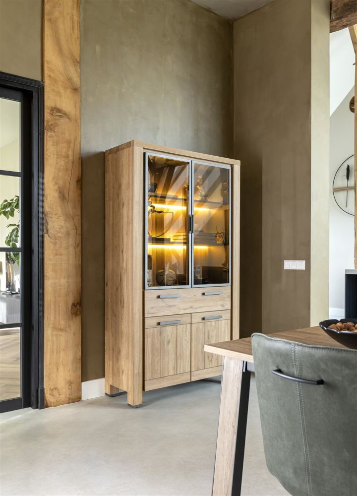 Delmonte, Vitrine 110 Cm - 2-Glasdeuren + 2-Deuren + 1-Lade (+ LED)