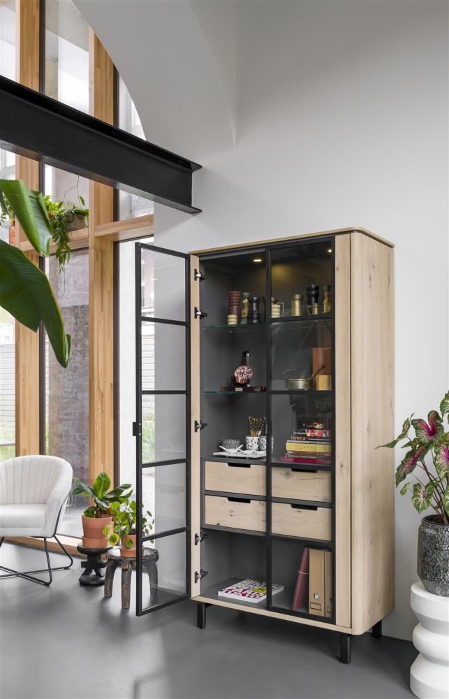 Livada, Vitrine 100 Cm - 2-Glasdeuren + 2-Laden - Natural