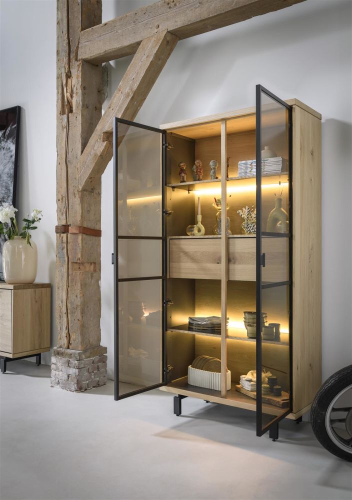 Ridgefield, Vitrine 100 Cm - 2-Glasdeuren + 2-Laden (+ LED) - Castle Antraciet
