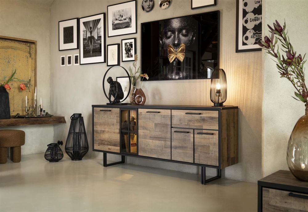 Avalon, Dressoir 200 Cm - 4-Deuren + 1-Lade + 1-Glasdeur (+ LED) - Driftwood