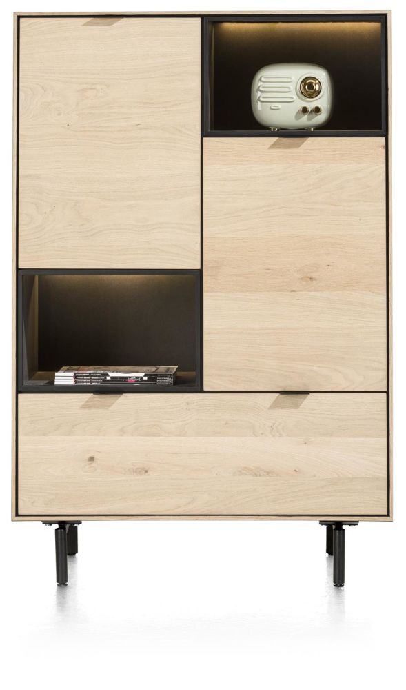 Elements, Highboard 90 Cm. - 2-Deuren + 1-Lade + 2-Niches + Led Incl. Metalen Poten