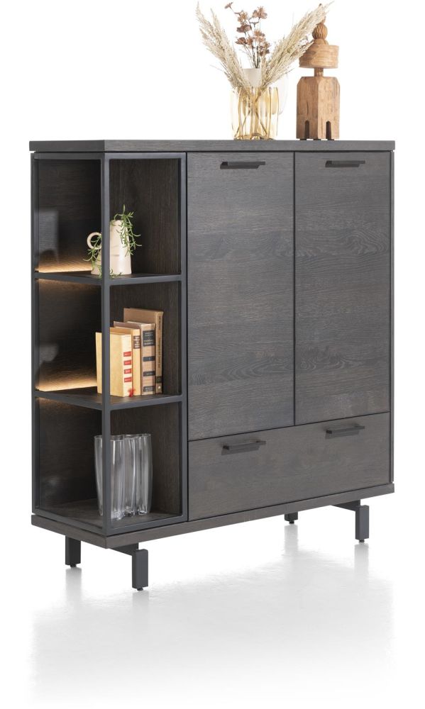 Ridgefield, Highboard 125 Cm - 2-Deuren + 1-Lade + 3-Niches (+ LED) - Castle Antraciet