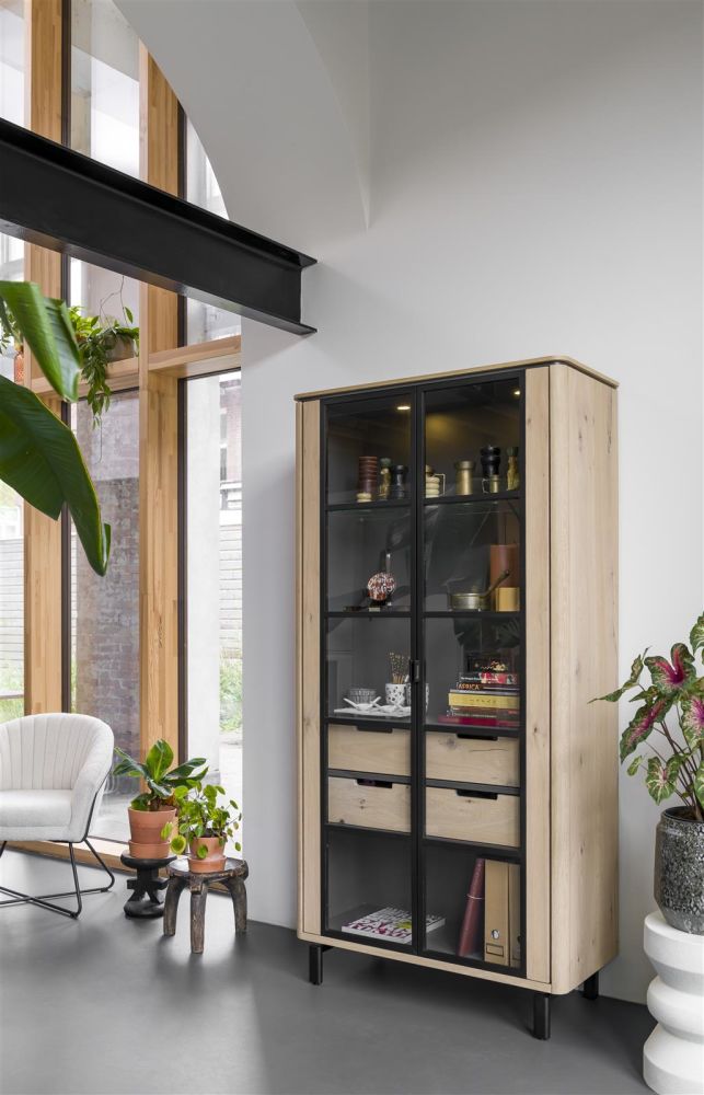 Livada, Vitrine 100 Cm - 2-Glasdeuren + 2-Laden - Natural