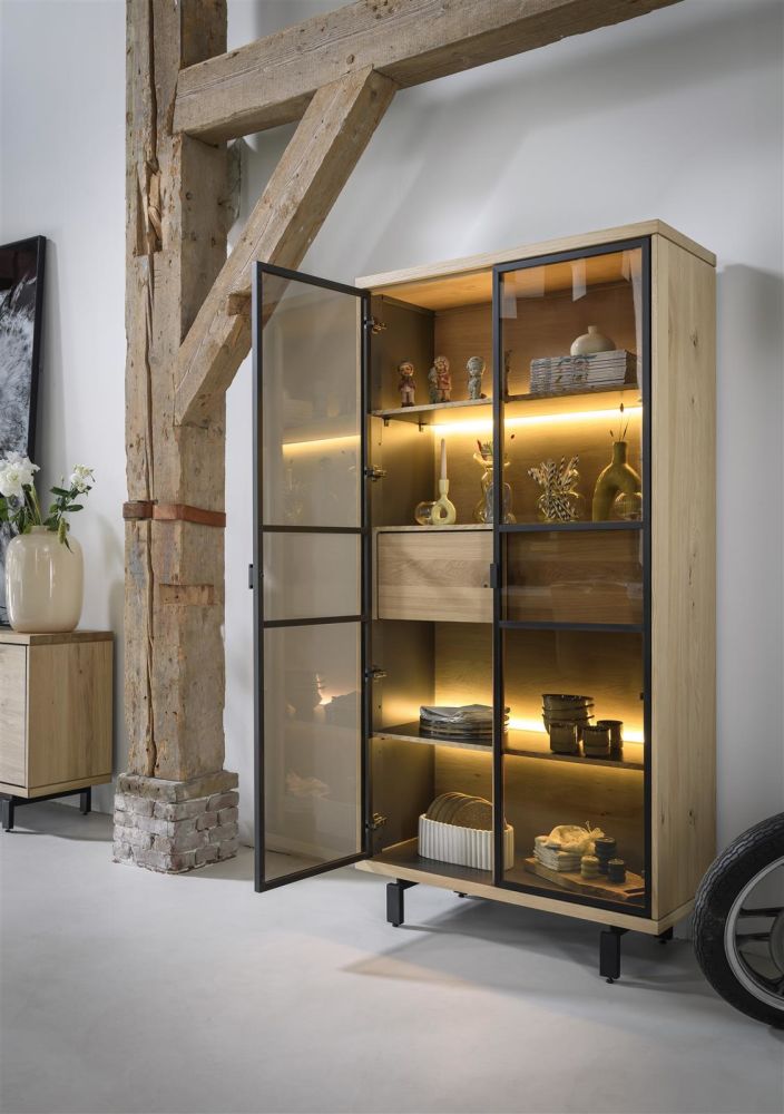 Ridgefield, Vitrine 100 Cm - 2-Glasdeuren + 2-Laden (+ LED) - Natural