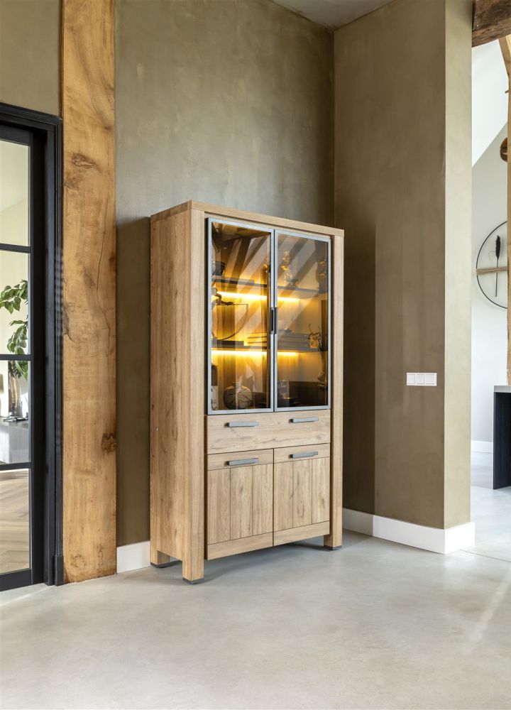 Delmonte, Vitrine 110 Cm - 2-Glasdeuren + 2-Deuren + 1-Lade (+ LED)
