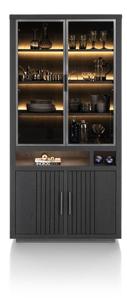 Pavie, Vitrine 100 Cm - 2-Glasdeuren + 2-Deuren + 2-Niches (+ LED) - Castle Black
