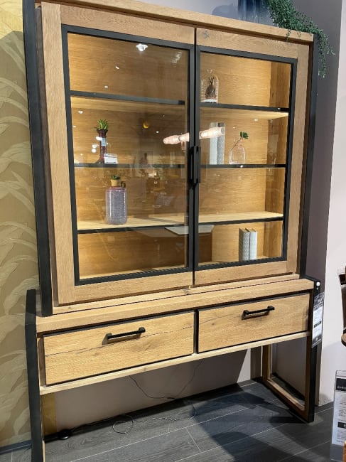 Vaisselier 140 cm - 2-portes en verre (+ LED) + 2-tiroirs