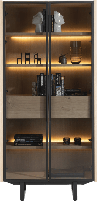 XOOON - Modali - Scandinavisch design - vitrine 96 cm - 2-deuren + 1-lade (+ LED) [houten legplanken]