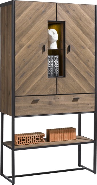 XOOON - Fresno - Industriel - armoire 100 cm. - 2-portes (placage a chevron) + 1-tiroir + 3-niches (+ LED)