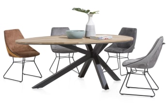 Eettafel “COLOMBO” is zeker een eyecatcher in huis! Het ovale MDF tafelblad geeft een zachte touch door zijn vorm. Het zwarte, stervormige onderstel van zwart metaal maakt het meubel wat mannelijker.