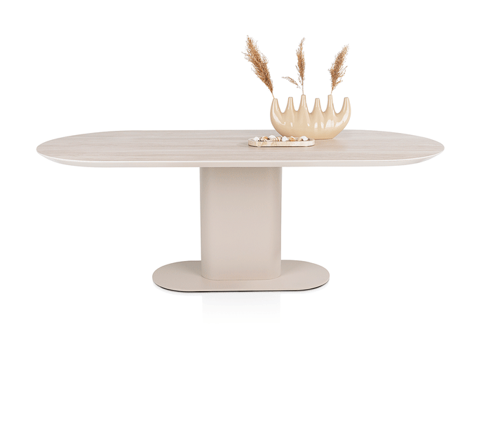 Brianto eettafel met ovalen kolompoot van metaal, verkrijgbaar in steelbrown en crème.