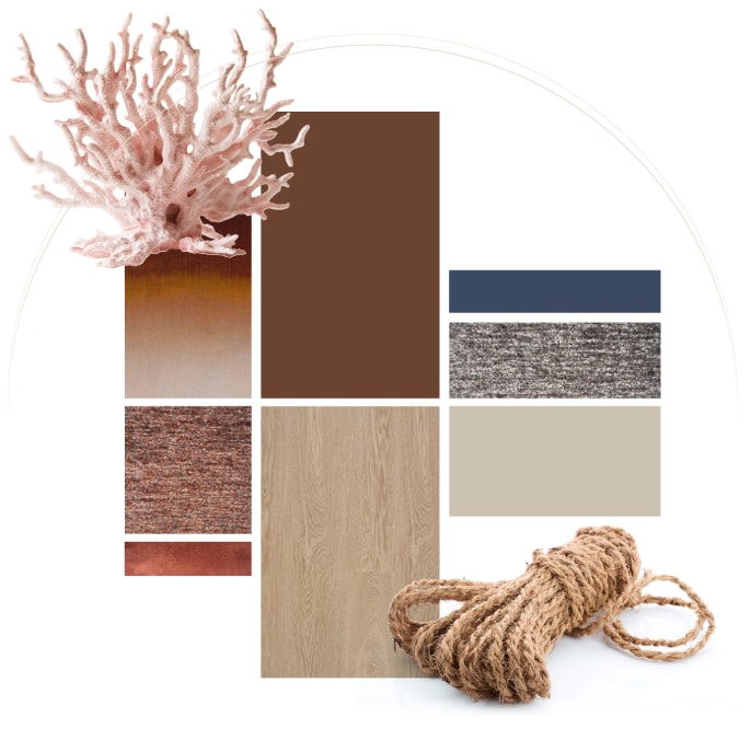 Tiefe Blautöne und Korallen bilden die Grundlage für die charaktervolle Farbpalette von Cosy Coral.