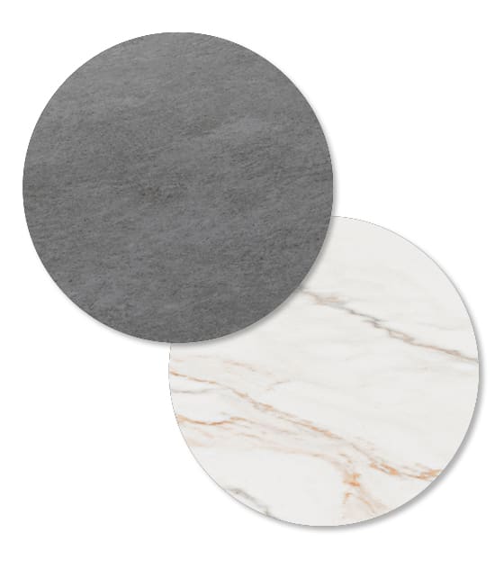 PADOVA tafel collectie is verkrijgbaar in donker en licht mamerlook keramiek